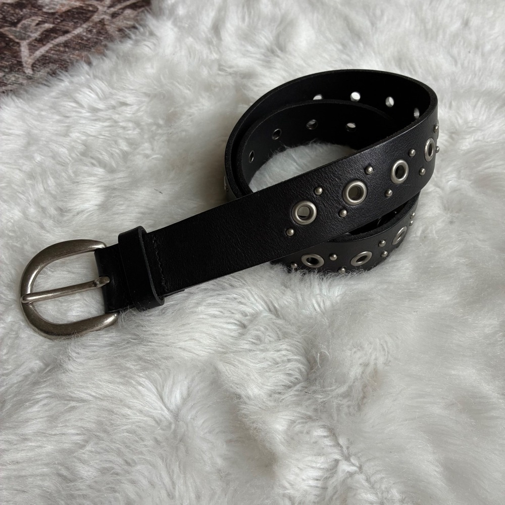 Fossil Black Genuine Leather Studded Grommet Belt Solid Brass Buckle Size M
